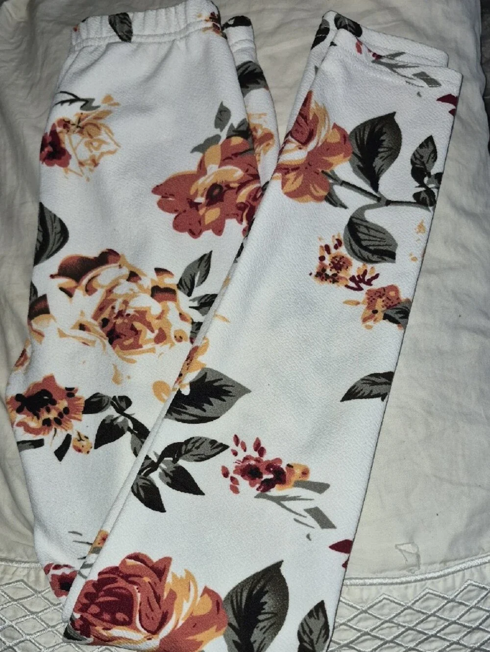 SHEIN White Floral Jeggings with Rust & Olive Blooms
